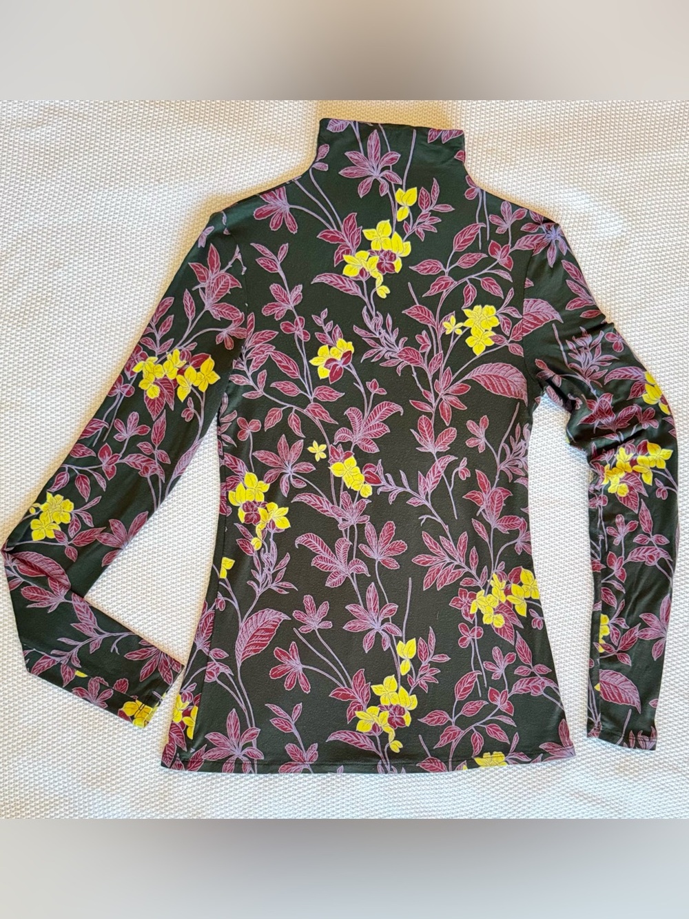 BABATON Aritzia Soft Knit Olive Green & Pink Floral Mock Neck Long Sleeve Top - Picture 3 of 15